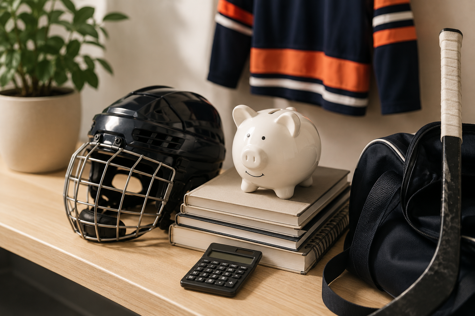 Hockey equipment and supplies on a wooden surface, including a black hockey helmet, a white piggy bank, a small black calculator, notebooks, a hockey stick, a black bag, and a hockey jersey hanging in the background.