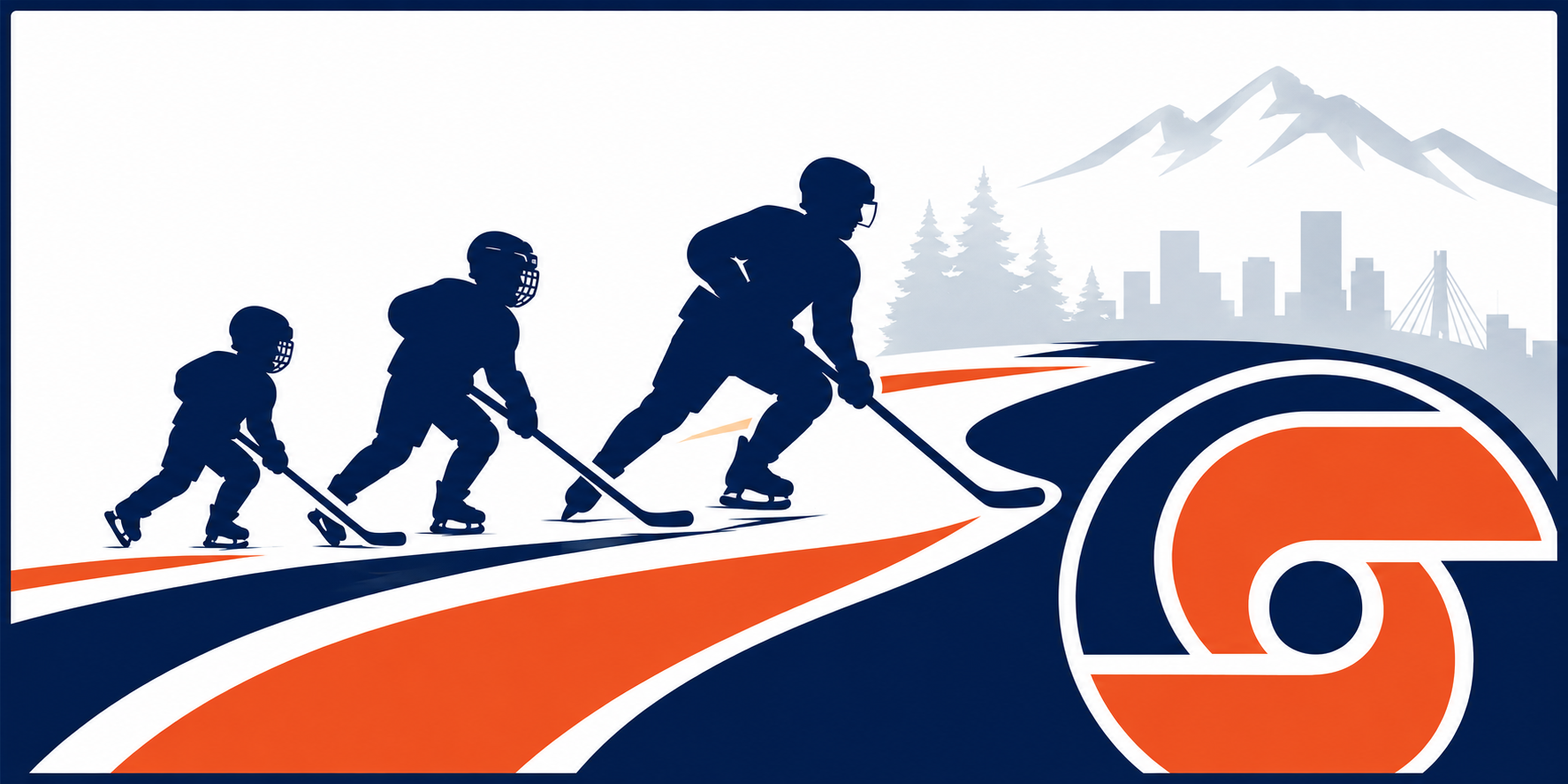 Silhouette of a hockey coach and players skating on an indoor ice rink with a city skyline and mountains in the background.