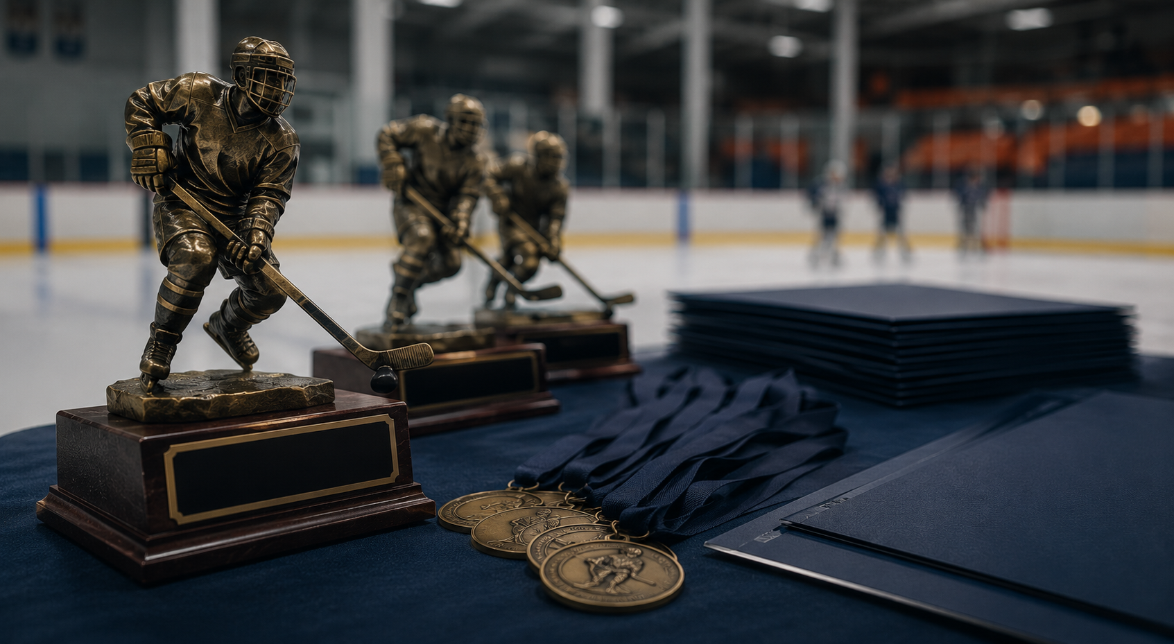 Hockey trophies, medals, and awards on a table inside an ice hockey rink.