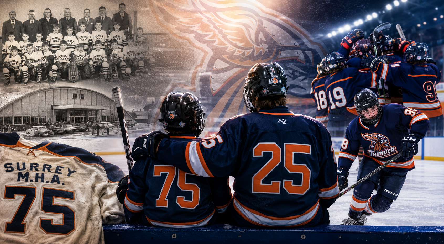 A collage of vintage and modern hockey images featuring the Surrey M.H.A. team, with team members on ice celebrating, and a group photo of players and coaches, all set against a large, stylized eagle logo.
