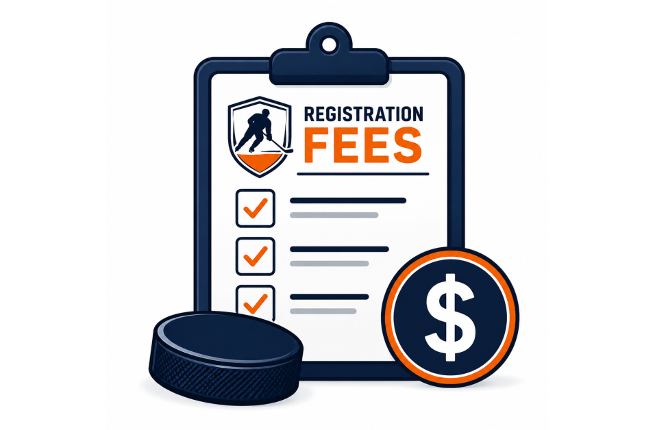 A graphic illustration showing a registration form with hockey player logo, checkboxes with orange check marks, a coin, and a dollar sign symbol, representing registration fees.