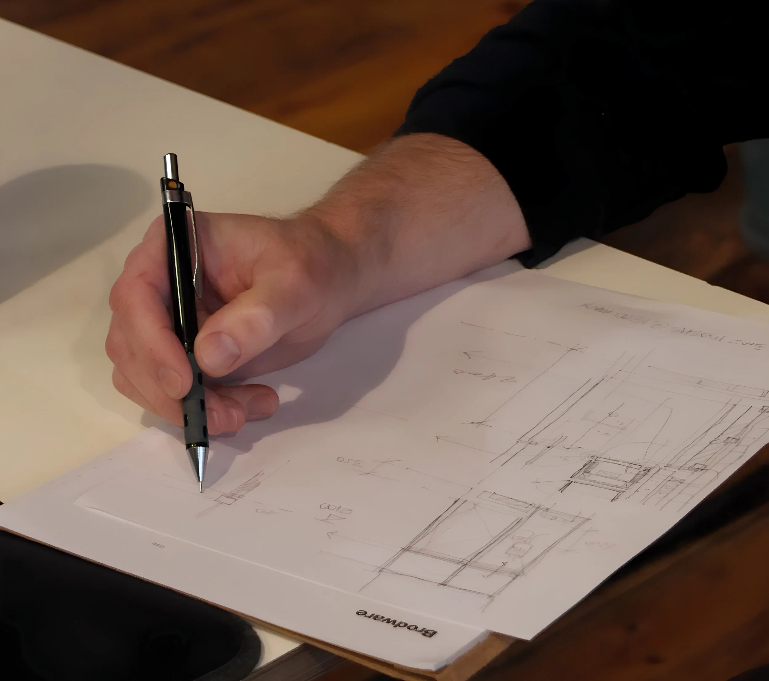 A person holding a black ballpoint pen and sketching architectural plans on a large sheet of paper at a wooden desk.