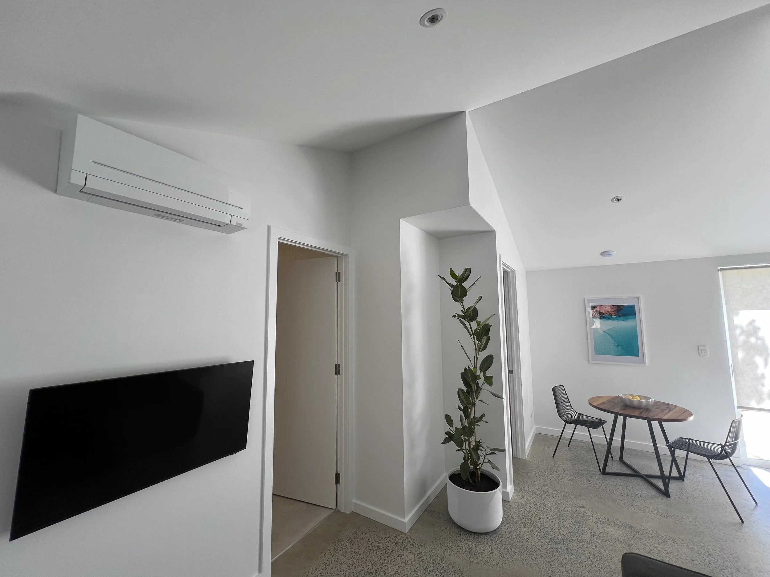 Modern living space with a white wall, a flat-screen TV, a potted plant, a dining table with black chairs, and framed artwork, illuminated by natural light.