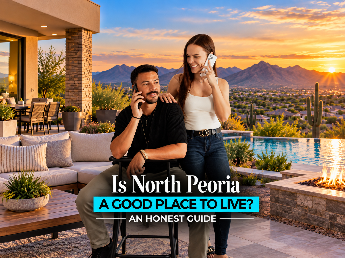 Todd and Nicole Sechrest on a North Peoria patio with desert mountain views at sunset, lifelong Northwest Valley locals and real estate advisors