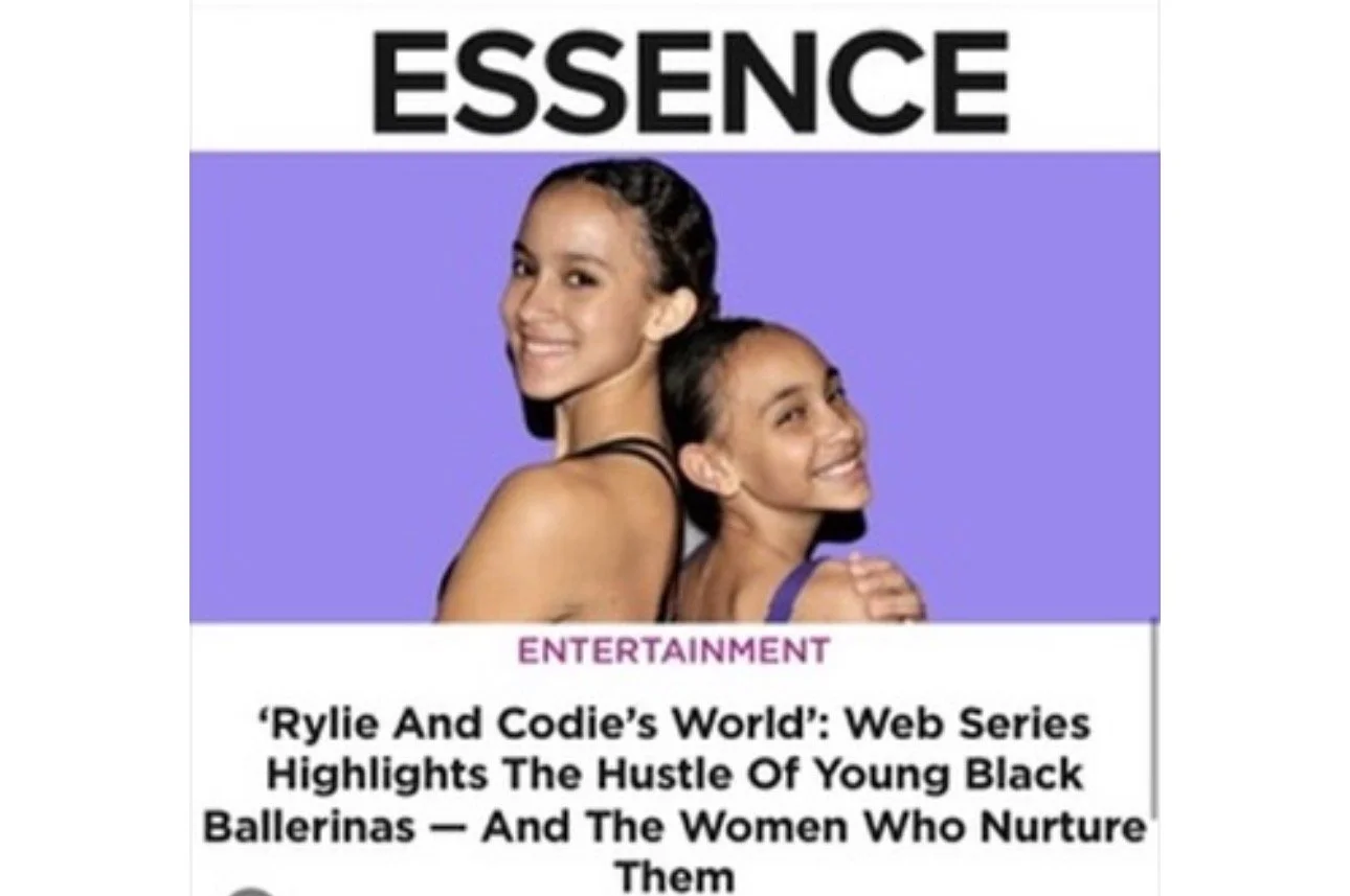 A photo of an Essence.com article featuring Rylie and Codie, two young Black ballerina sisters in leotards with big smiles, against a purple background. The headline highlights a web series about young Black ballerinas.