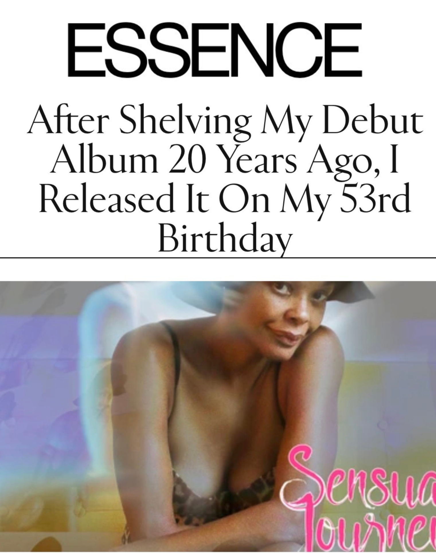 Book cover titled 'ESSENCE' with a woman in a hat on a colorful background, and text indicating it's about a singer's debut album released 20 years ago.