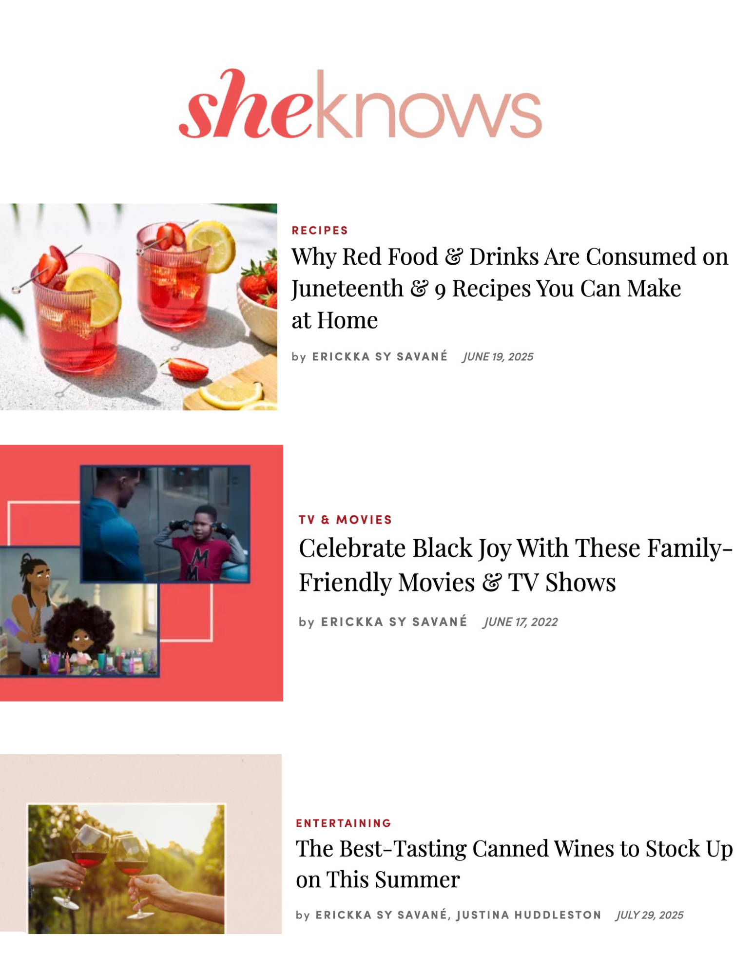 Screenshot of a webpage with various articles. The top article features two glasses of red drink with lemon slices and strawberries, and a small bowl of strawberries. The articles are about red food and drinks for Juneteenth, celebrating Black joy with family movies and TV shows, and canned wines for summer.