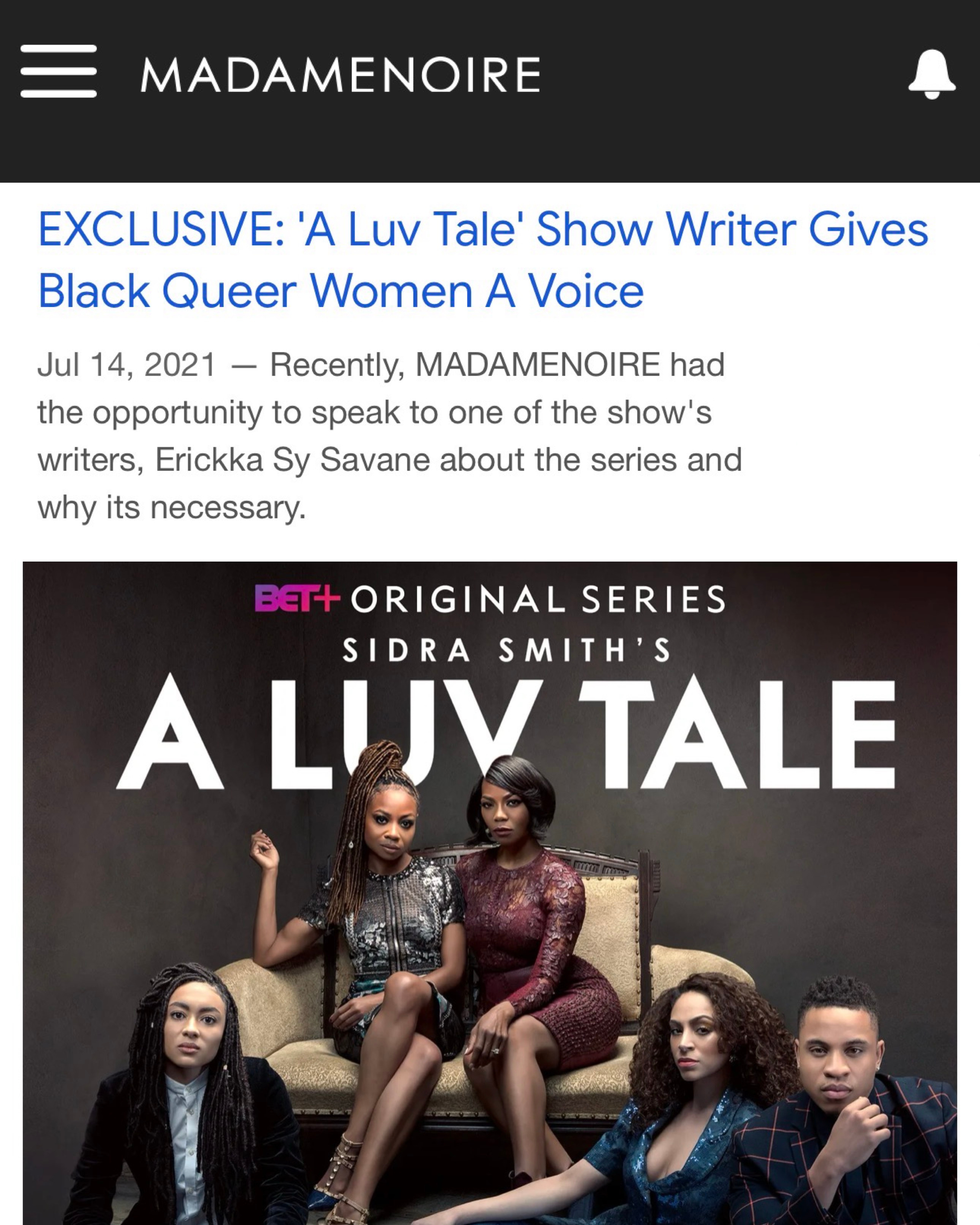 Group photo of diverse Black female actresses and a male actor posing on a sofa for a promotional poster of the TV series 'A Luv Tale.'