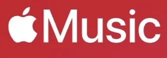 Apple Music logo with white apple icon and the word 'Music' on a red background.