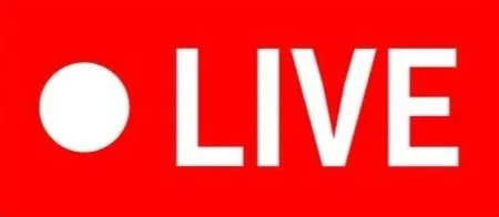Red background with a white circle and the word 'LIVE' in bold white letters.