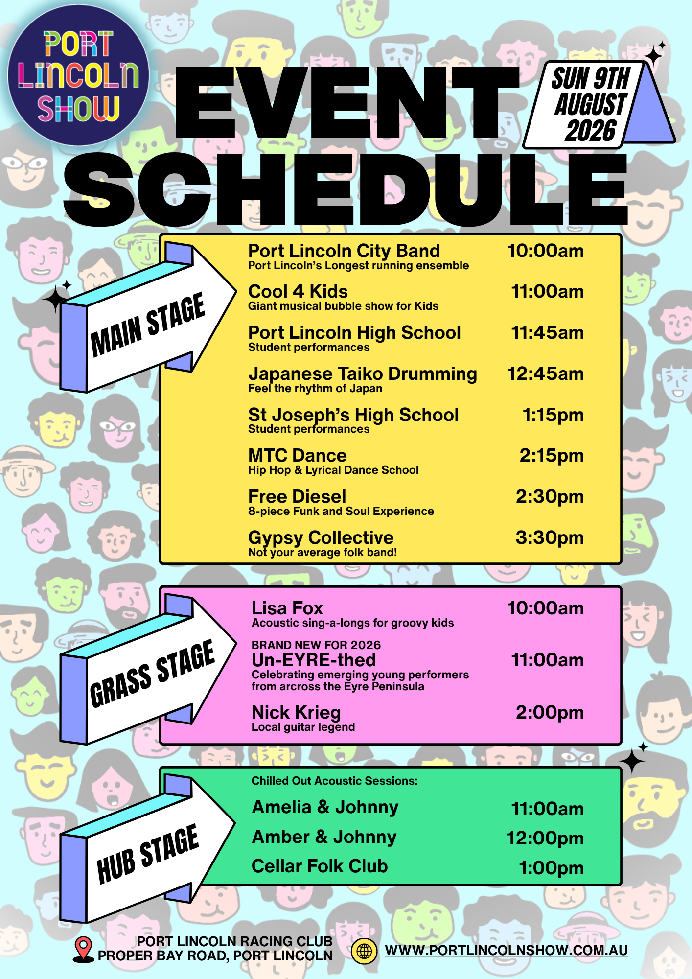 Schedule of events for the Port Lincoln Show 2026, featuring stages for Main, Grass, and Hub performances with times and performer names.