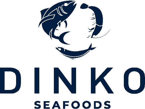Logo for Dinko Seafoods featuring a stylized fish and shrimp above the company name.