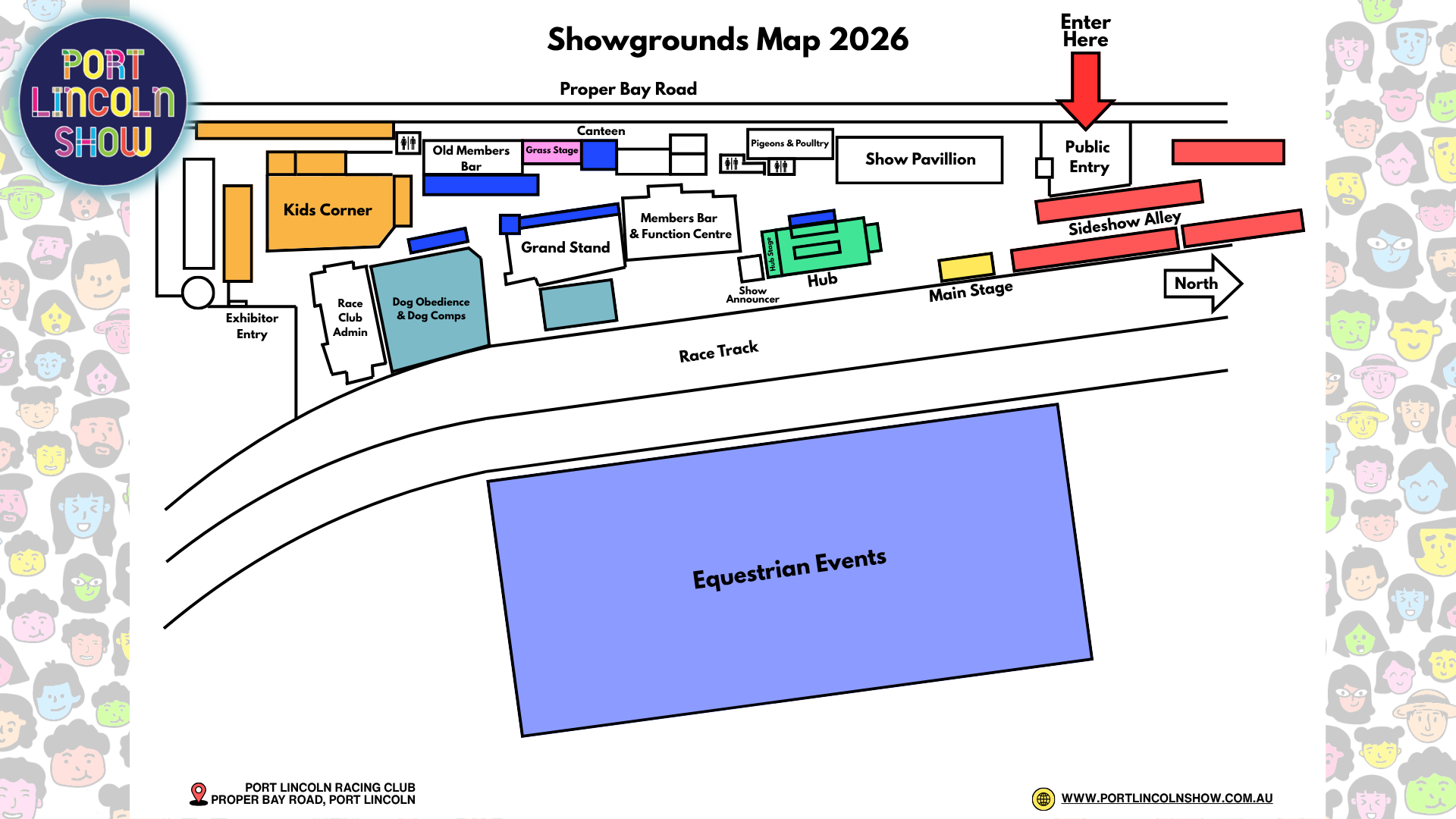 Map of Port Lincoln Showgrounds for 2026, showing various sections including the main stage, Kid's Corner, Sideshow Alley, Grand Stand, Show Pavilion, and Equestrian Events, with entrances, exits, and racing tracks.