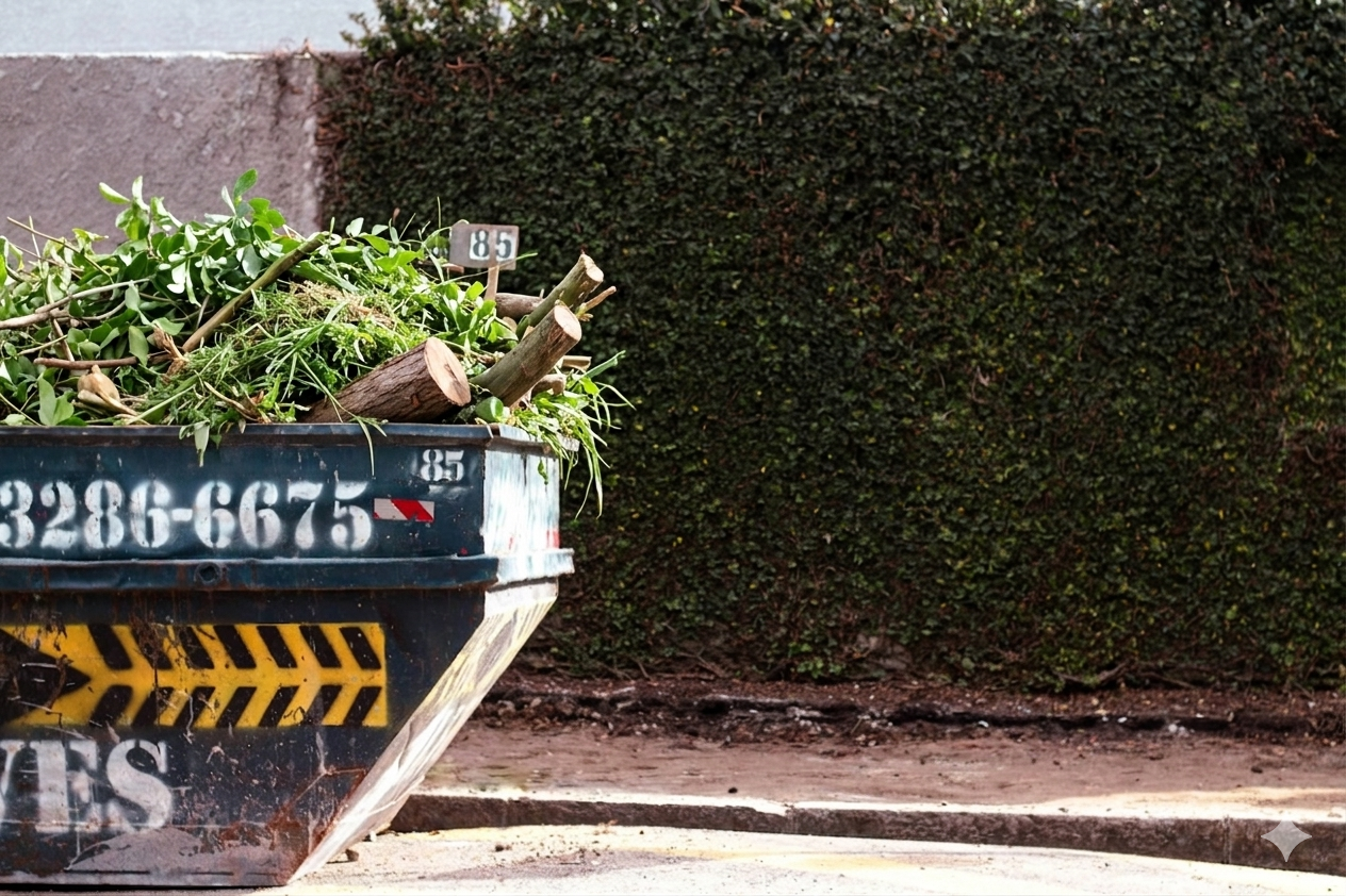 A black dumpster filled with assorted garden trimmings, including branches and leaves, is positioned on a sidewalk next to a tall, dense hedge.