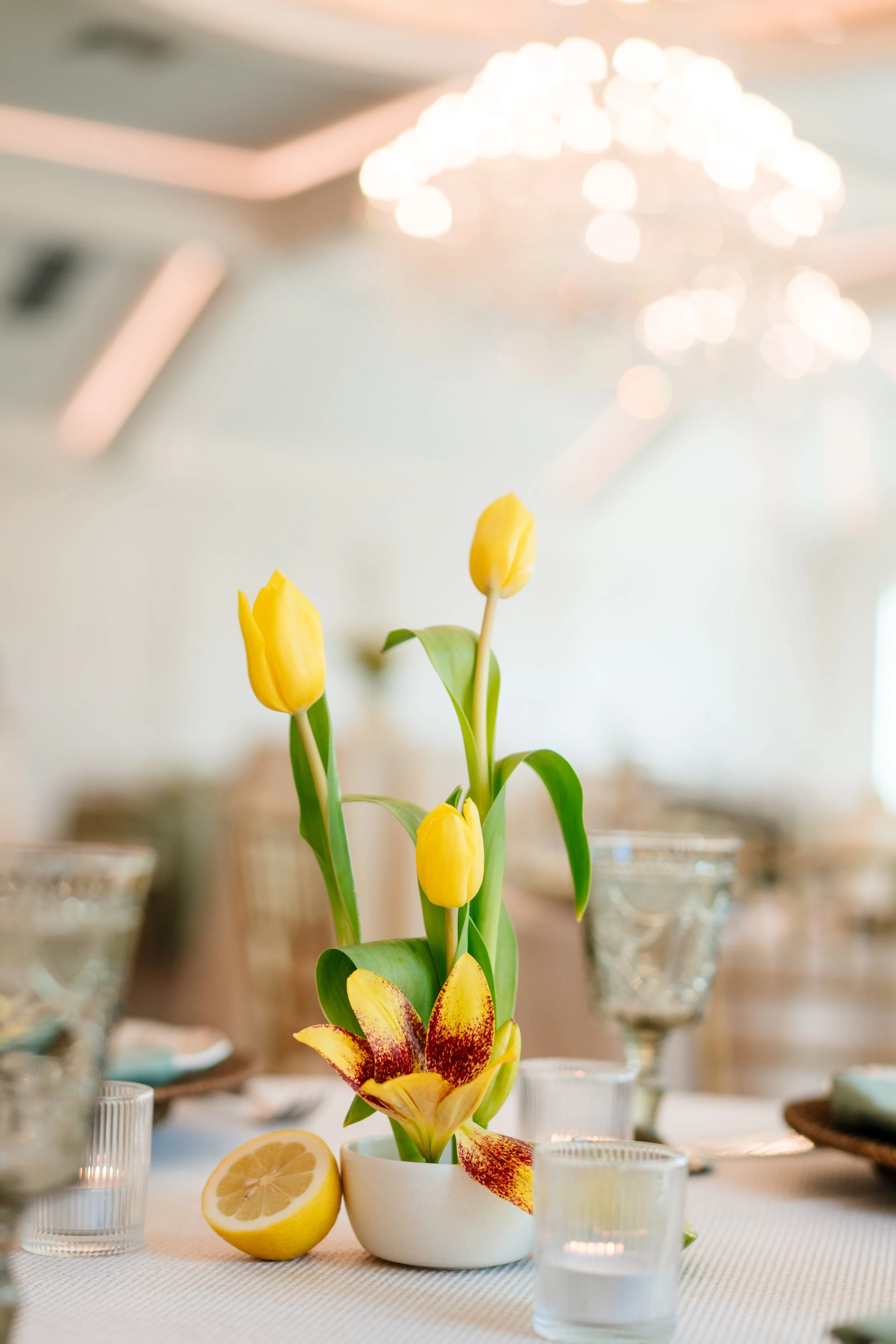 Yellow Tulip Ikebana Centerpiece at The Hillside Estate in Texas, photographed by The MacMeekens