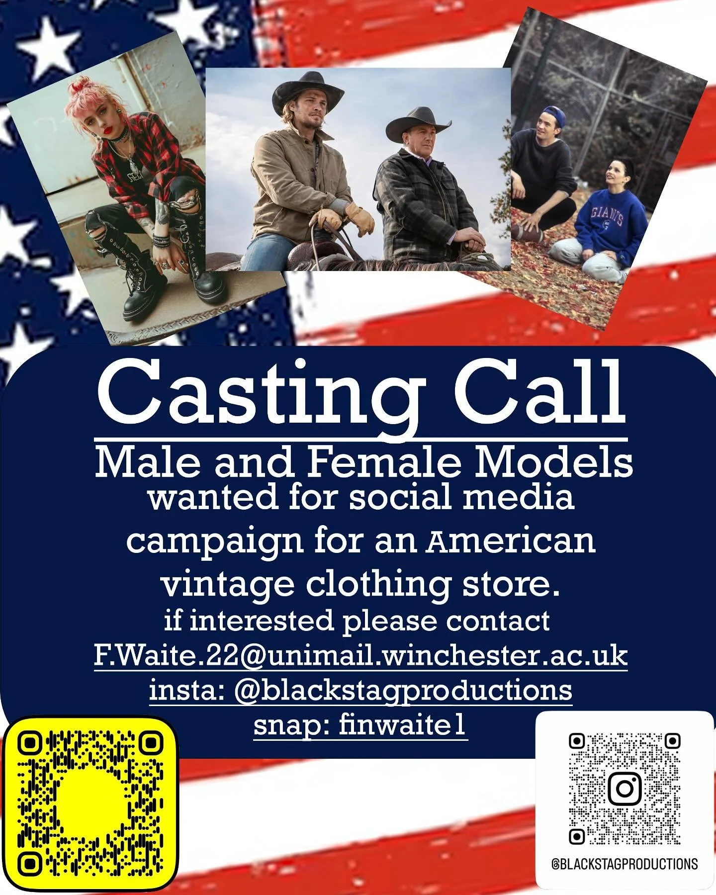 Hi all, this is a Casting Call for Male &amp; Female models for social media campaign for an American vintage clothing store. 

No previous experience needed

the role is unpaid, but there are other benefits such as getting exposure, professionally d