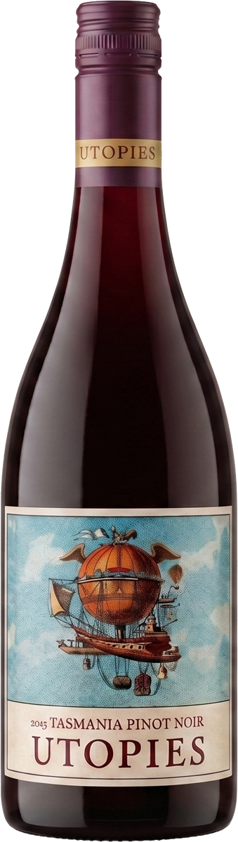 A bottle of Utopies Tasmania Pinot Noir wine, featuring a label with a steampunk-inspired airship cartoon against a cloudy sky background.