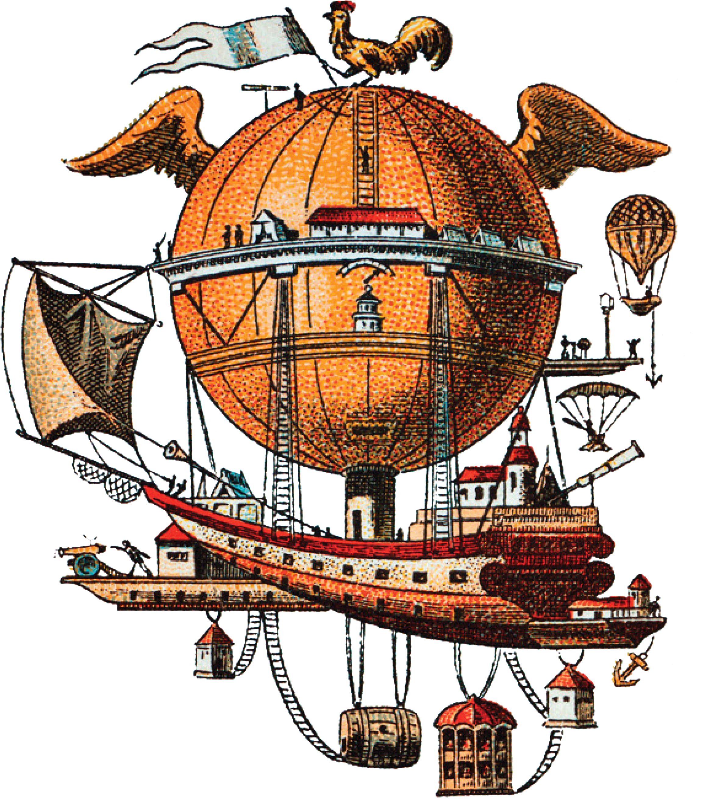 Vintage illustration of a hot air balloon with a large orange spherical balloon, decorated with gondola and various smaller floating structures, including houses, animals, and figures, attached to the balloon with ropes.