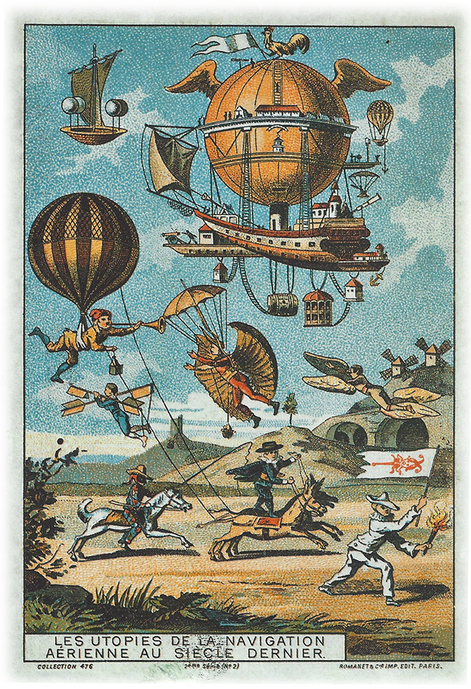 Steampunk-inspired flying machines and airship in a fantasy aviation scene, with people on flying animals, hot air balloons, and floating structures in a whimsical sky, titled 'Les Utopies de la Navigation Aérienne au Siècle Dernier.'