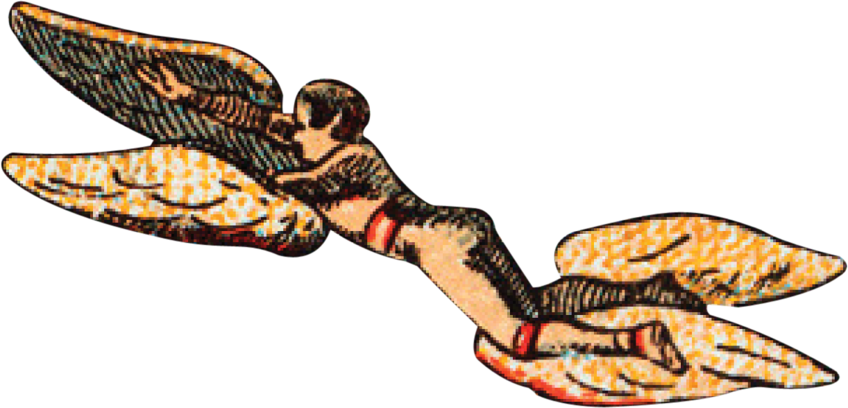 A vintage-style embroidered patch of a flying fairy with wings, wearing a lowercase 'a' on her chest and red bracelets and shoes.
