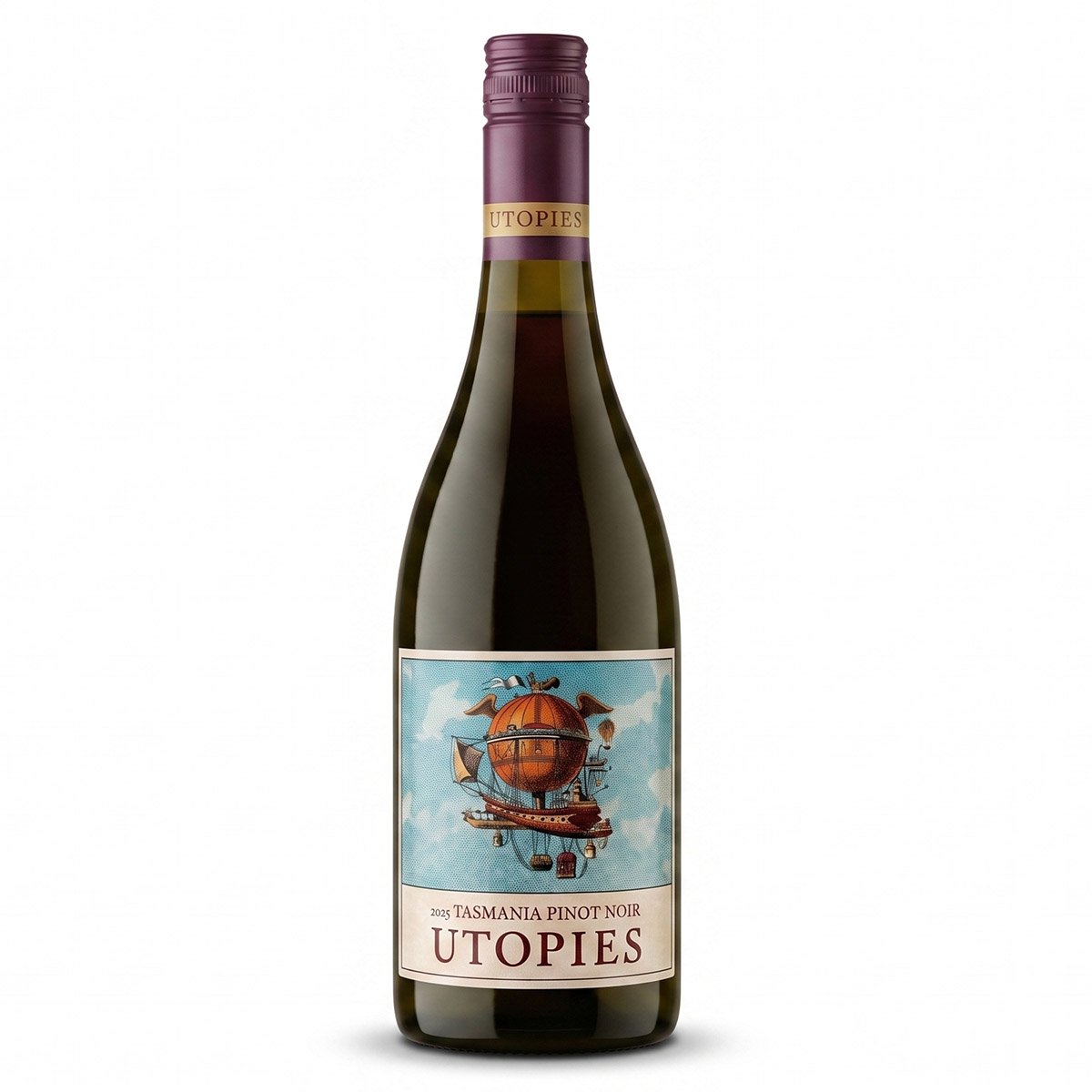 A bottle of Utopies Tasmania Pinot Noir wine with a colorful label featuring an airship with a globe on it.