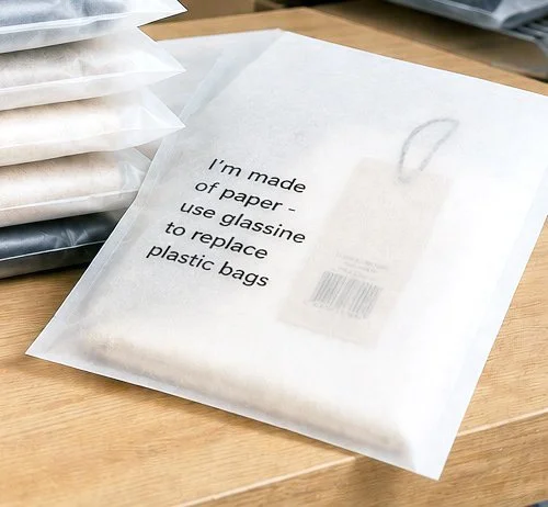 FSC glassine paper garment bag used as a recyclable alternative to plastic polybags for fashion retail packaging