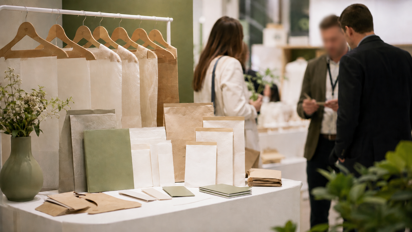 Range of Pacard paper-based packaging products including hangers, hooks, glassine bags and branded retail packaging components.