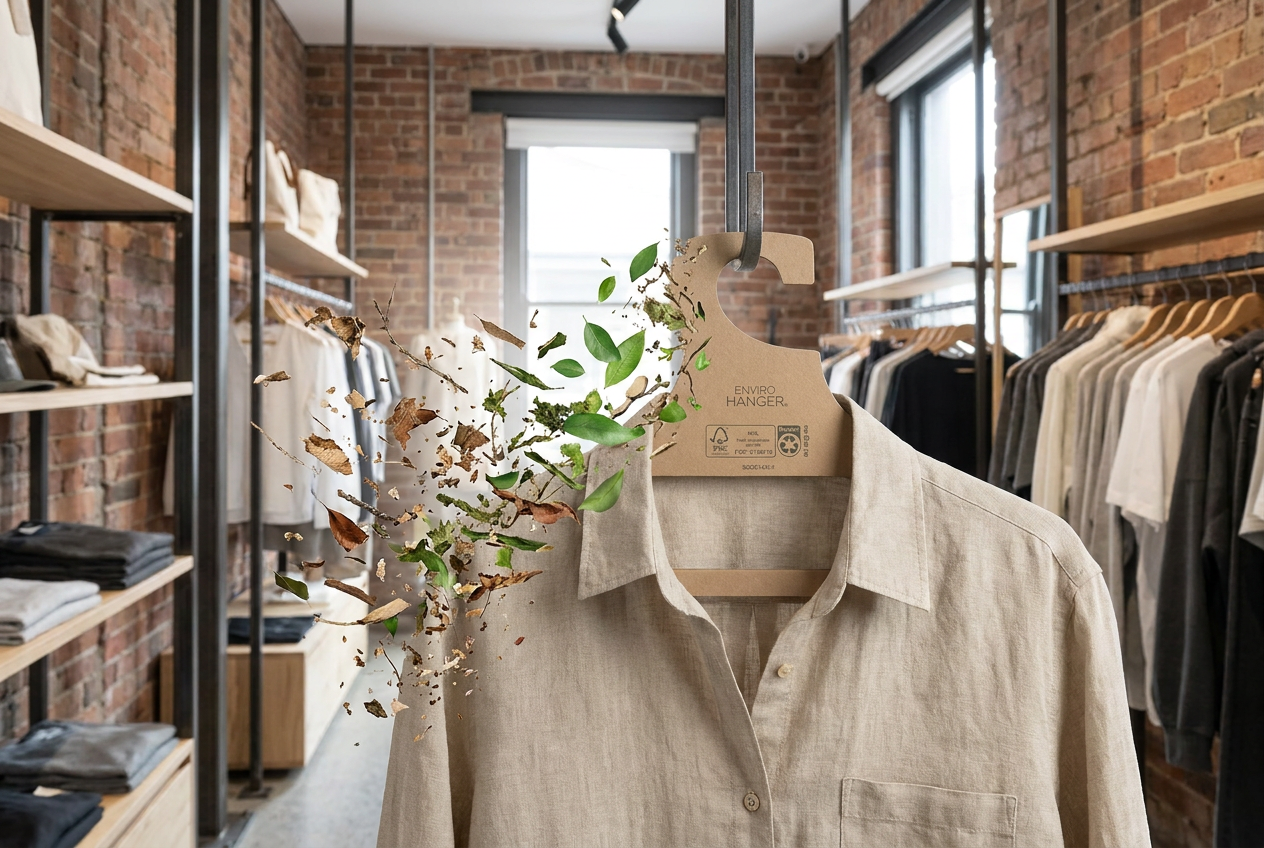 Pacard Retail Group team or retail packaging materials showing paper-based hanger and packaging solutions for commercial retail.