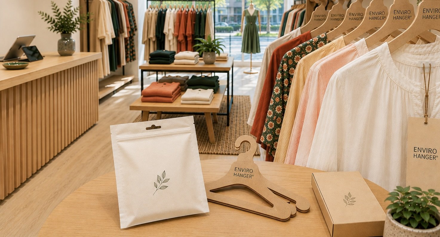Pacard paper-based retail packaging solution displayed with recyclable hangers, garment packaging and branded retail materials.