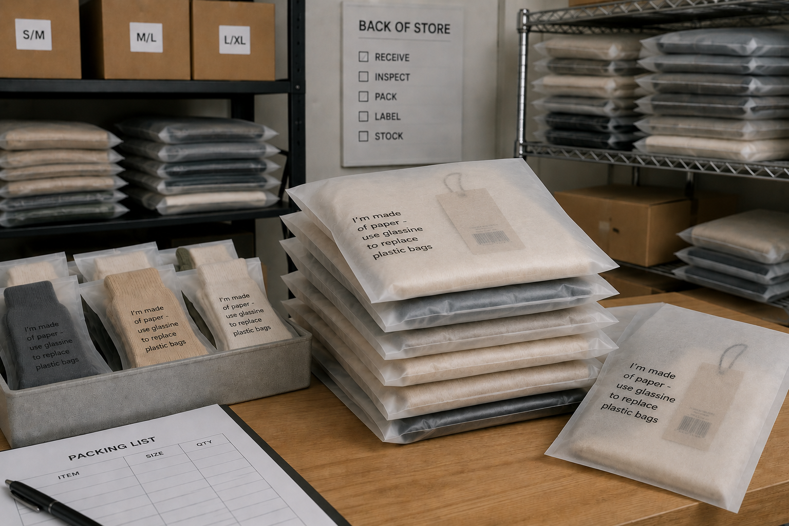 Range of Pacard paper-based packaging products including hangers, hooks, glassine bags and branded retail packaging components.