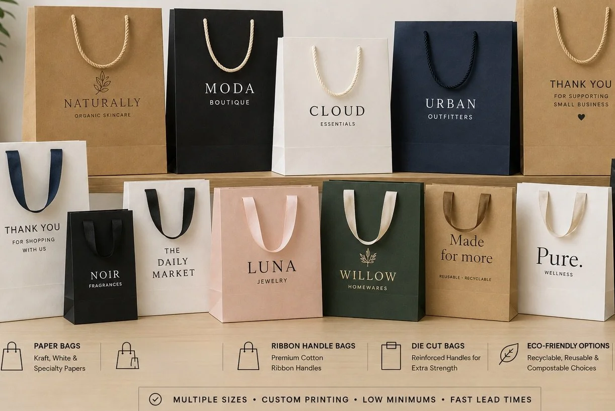Range of Pacard paper-based packaging products including hangers, hooks, glassine bags and branded retail packaging components.