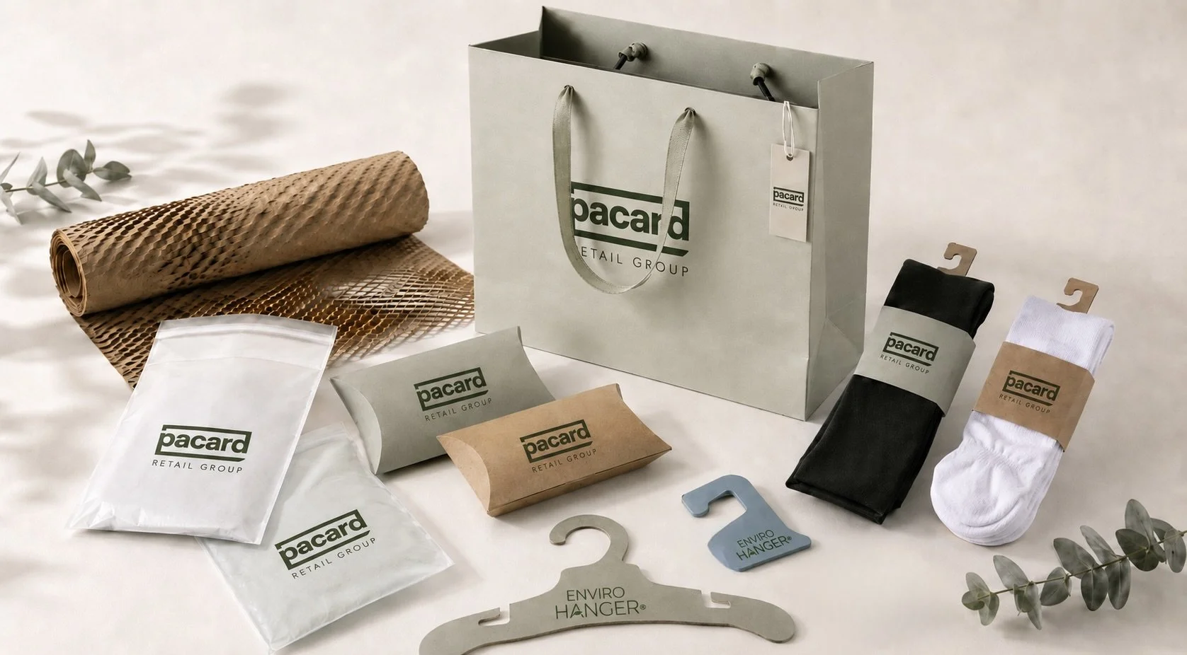 Range of Pacard paper-based packaging products including hangers, hooks, glassine bags and branded retail packaging components.