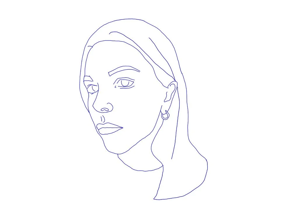 A line drawing of a woman's face with one eye slightly more closed than the other, wearing an earring, with long hair. The drawing is minimalist and created with continuous lines.