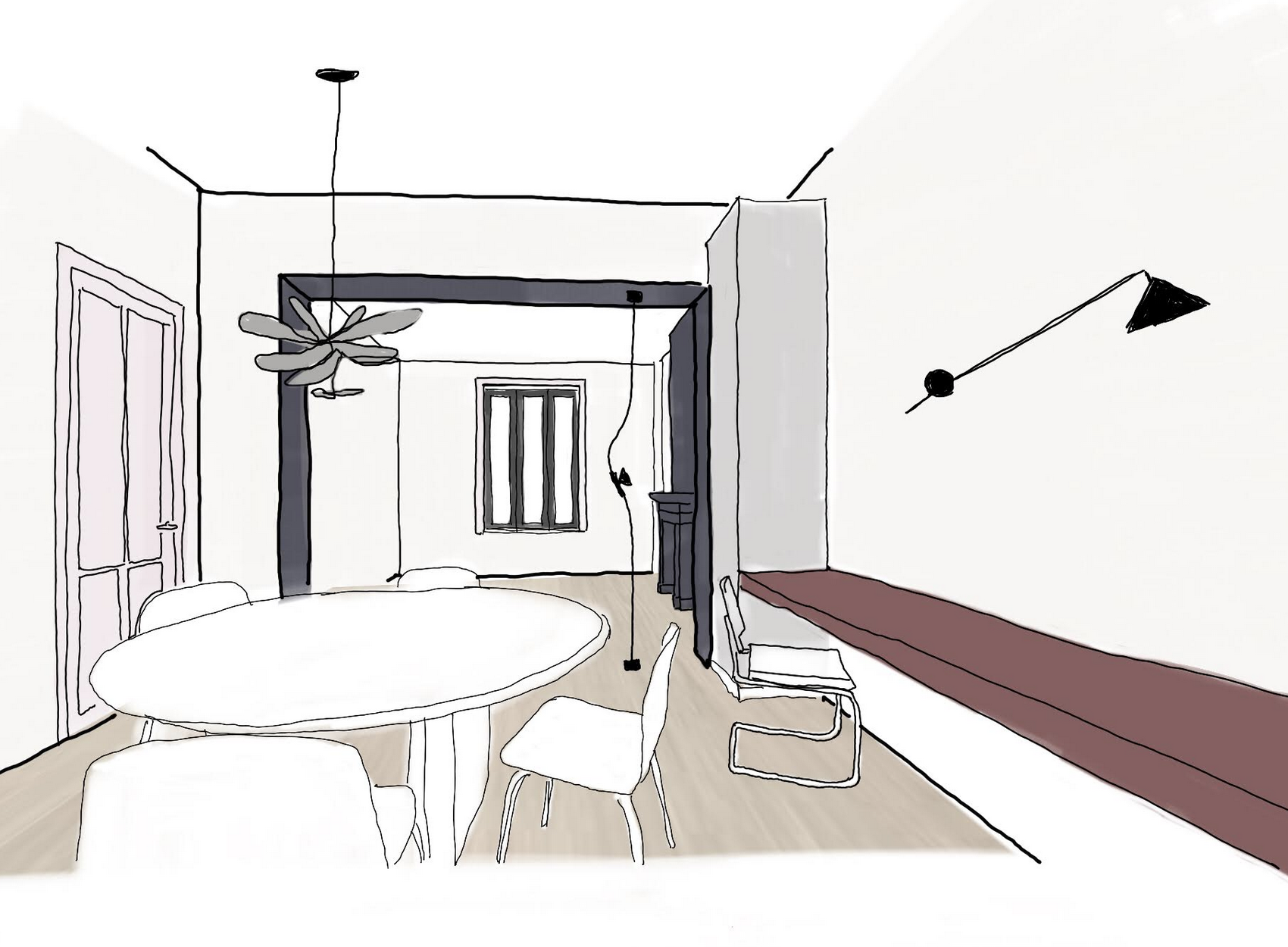 A modern dining room with a round table, white chairs, a ceiling fan, a small window, a narrow fireplace, a long wooden shelf on one wall, and minimalistic decor.