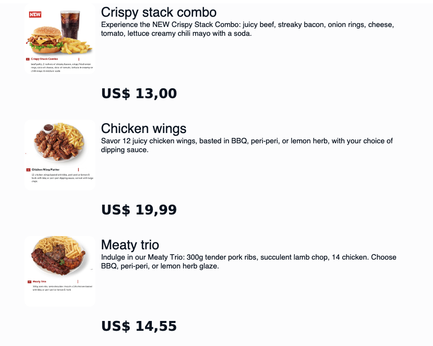 Menu showing three food options: Crispy Stack Combo with fries and a drink for $13.00, Chicken Wings with dipping sauces for $19.99, and Meaty Trio with pork ribs, lamb chop, chicken, and sides for $14.55.