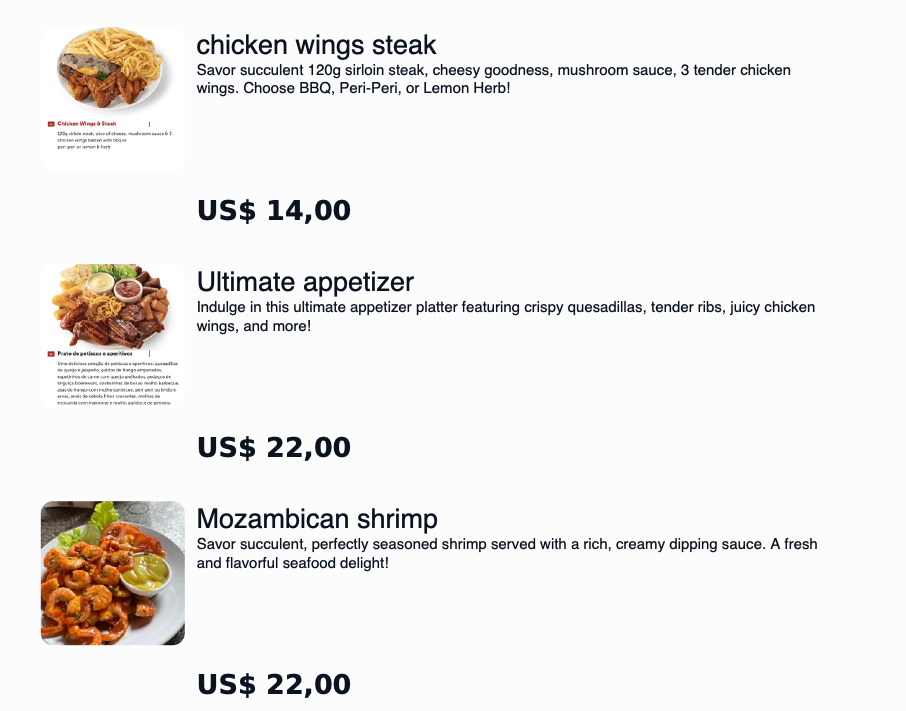 Menu displaying chicken wings steak, ultimate appetizer, and Mozambican shrimp with prices in US dollars.