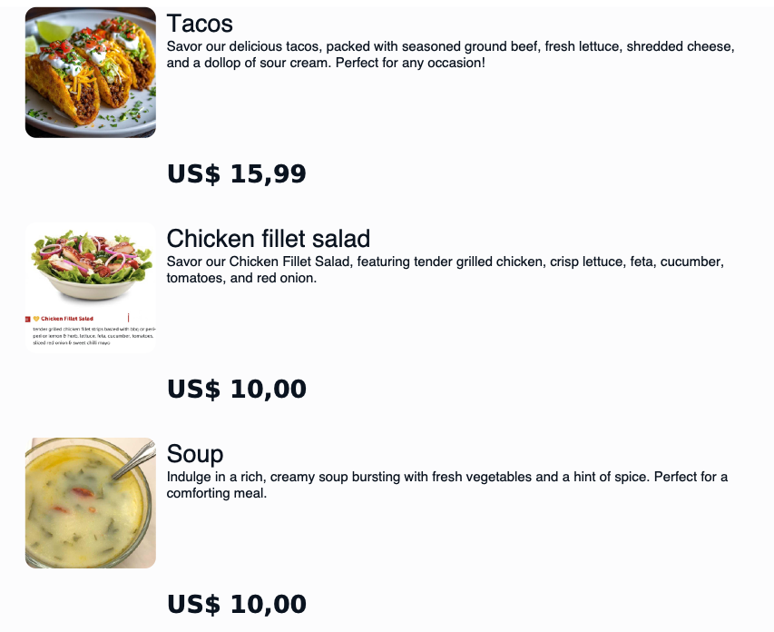 Menu items with images: Tacos, chicken fillet salad, and soup, with prices.