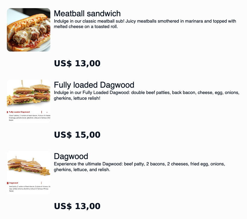 Menu featuring sandwiches: Meatball Sandwich with meatballs, marinara, melted cheese; Fully Loaded Dagwood with double beef patties, bacon, cheese, egg, onions, gherkins, lettuce; Dagwood with beef patty, bacon, cheese, fried egg, onions, gherkins, lettuce.