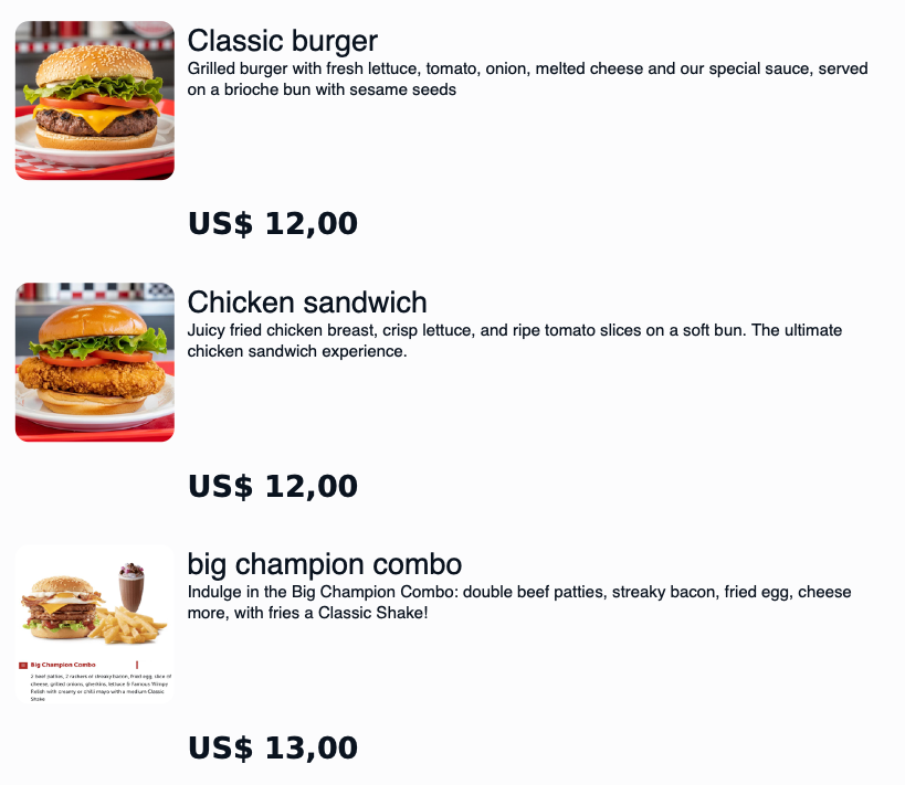 Menu with images of a classic burger, chicken sandwich, and big champion combo, each with descriptions and prices