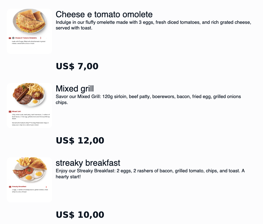 Restaurant menu showing three breakfast dishes with descriptions and prices: Cheese and Tomato Omelette, Mixed Grill, and Streaky Breakfast.