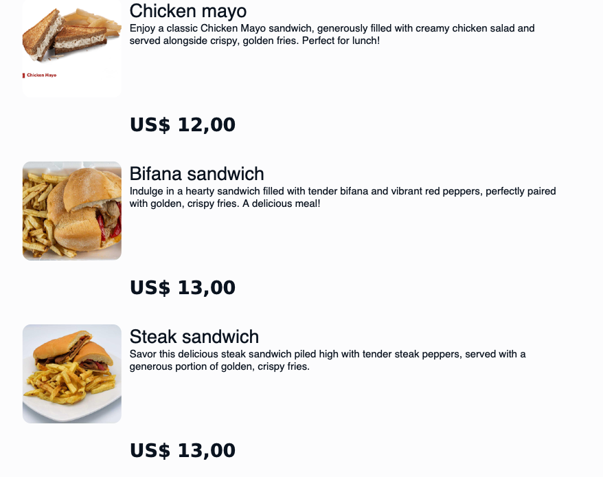 Menu showing three sandwiches: Chicken mayo, Bifana sandwich, and Steak sandwich with prices of $12.00 and $13.00.
