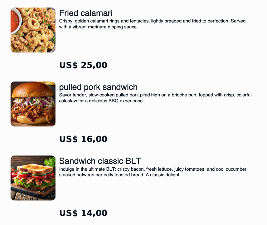 Menu with three food items: Fried calamari with fried rings and tentacles served with marinara sauce, pulled pork sandwich with shredded pork, coleslaw, and bun, and a BLT sandwich with bacon, lettuce, tomato, and cucumber on toasted bread, along with prices in USD.