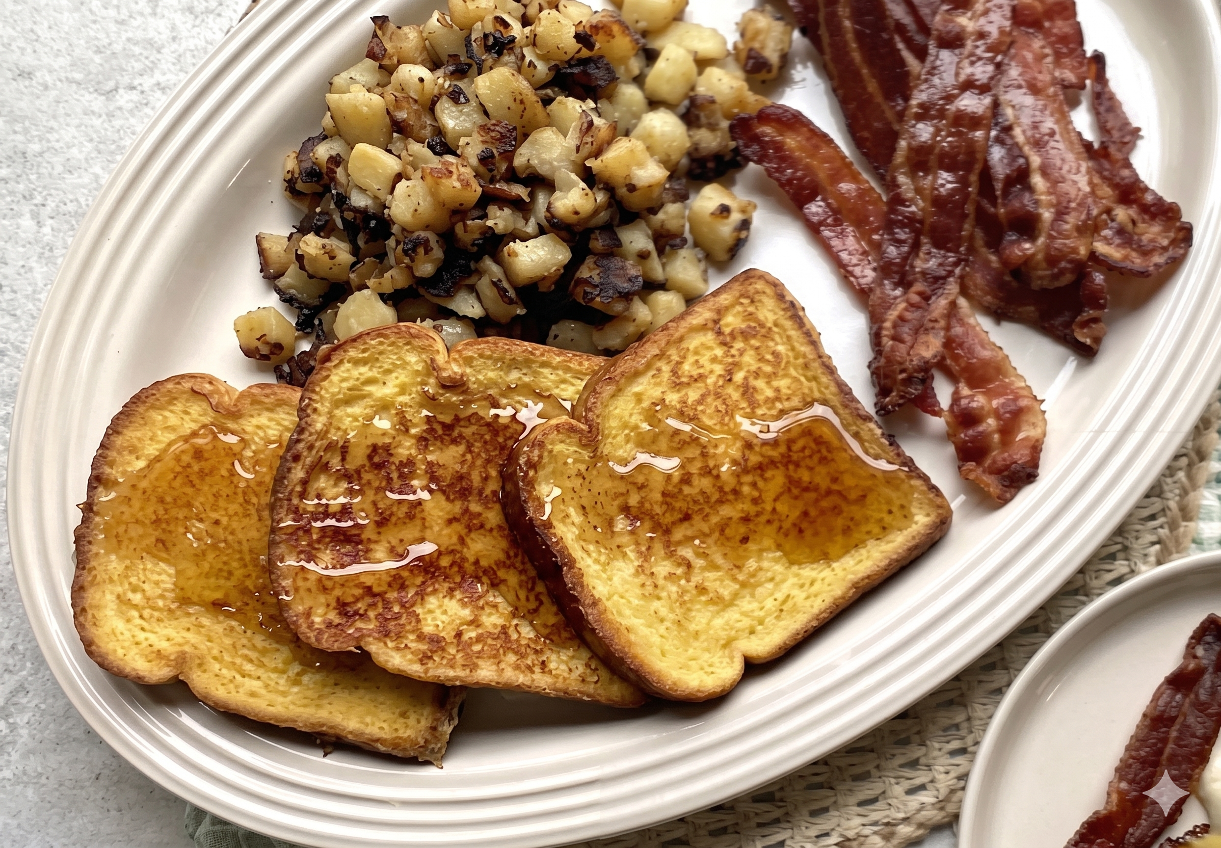 A white plate with French toast drizzled with syrup, scrambled hash browns, and crispy bacon strips on a table.