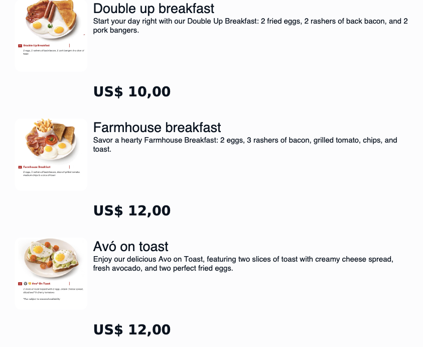 Restaurant breakfast menu featuring images of breakfast dishes and prices: Double Up Breakfast with eggs, back bacon, and pork bangers for $10; Farmhouse breakfast with eggs, bacon, grilled tomato, chips, and toast for $12; Avó on toast with toast, cheese spread, avocado, and fried eggs for $12.