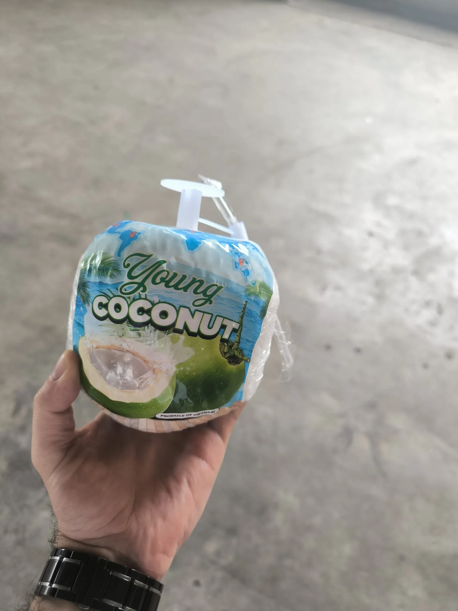 A hand holding a package of Young Coconut with a straw inserted. The background is an outdoor ground surface.