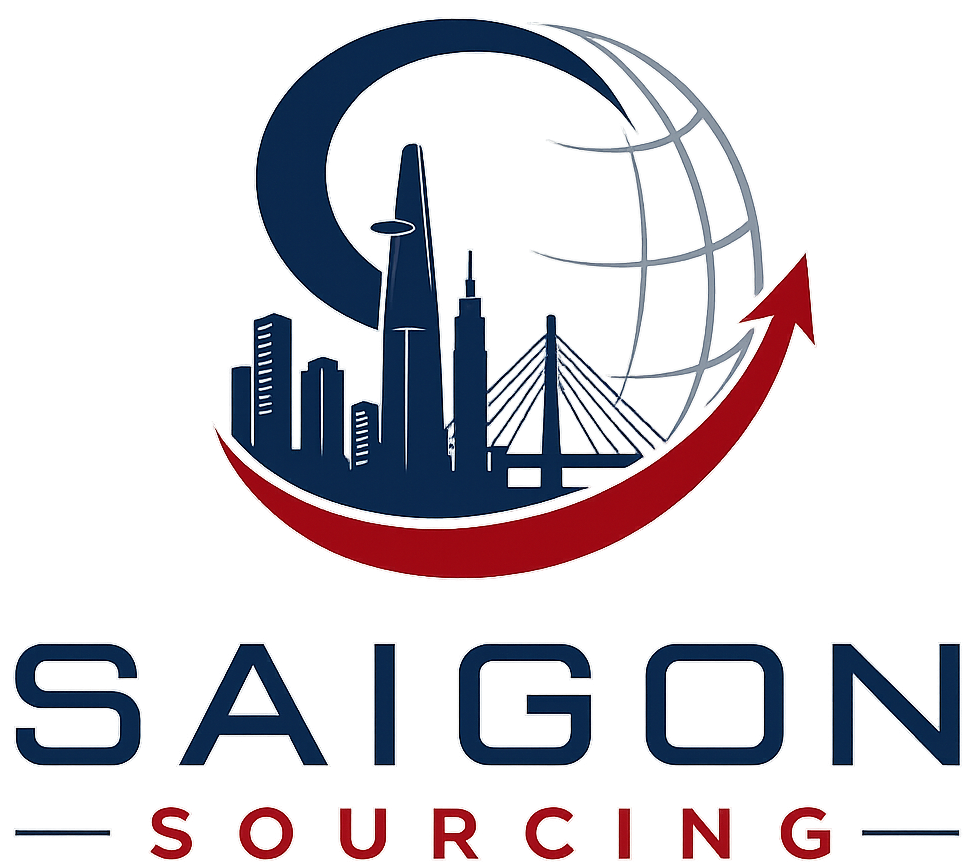 Logo for Saigon Sourcing featuring a city skyline, a bridge, a globe, and an upward arrow.