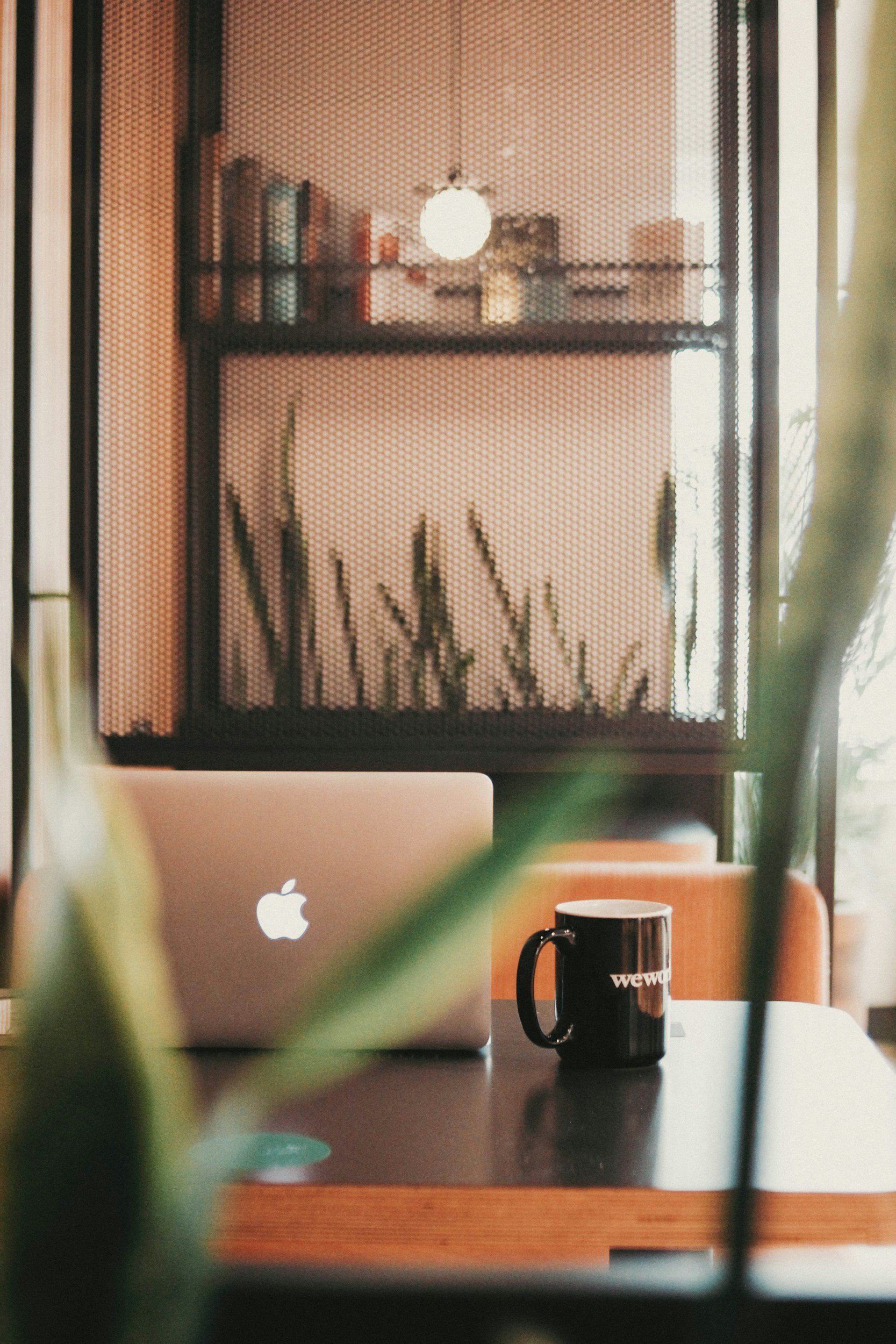 A workspace with a silver Apple MacBook, a black ceramic mug with white text, and a pinkish-orange chair. There is a shelving unit with books and boxes behind the workspace, with a ceiling light visible in the background. The image is partially obscured by green leaves in the foreground.
