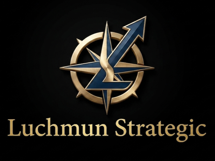 Logo of Luchmun Strategic with a compass and upward arrow design on a black background, and the company name below.