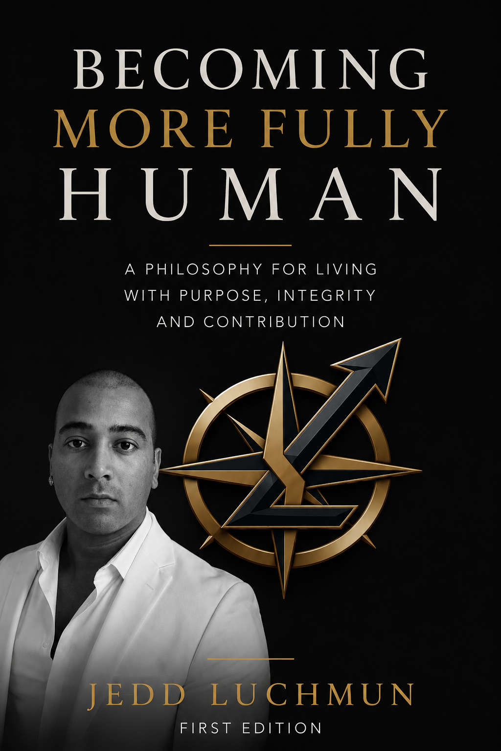 Book cover titled "Becoming More Fully Human: A Philosophy for Living with Purpose, Integrity, and Contribution" by Jedd Luchmun. The cover has a dark background with the title in gold and white letters, a portrait of the author in black and white, and a gold and black compass-like graphic.