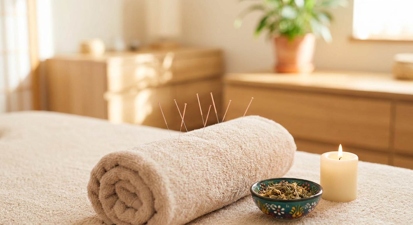 A rolled beige towel with acupuncture needles inserted into it, a lit candle, and a small decorative bowl filled with herbs, set on a massage table in a massage room.